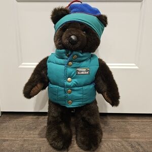 Vintage L.L. Bean Plush Bear with Green Puffer Vest & Hat 80s/90s